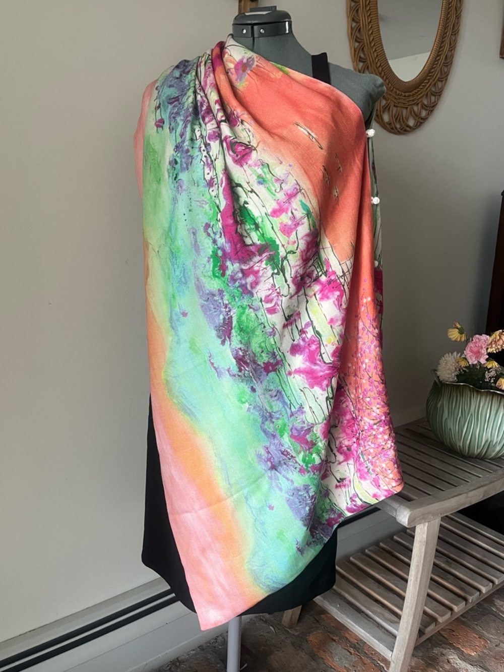Silk & Cashmere Shawl Wrap Art Print Pink Green Floral Landscape Closures